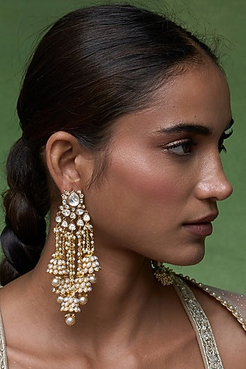 Gold Finish Kundan Polki & Pearl Statement Earrings