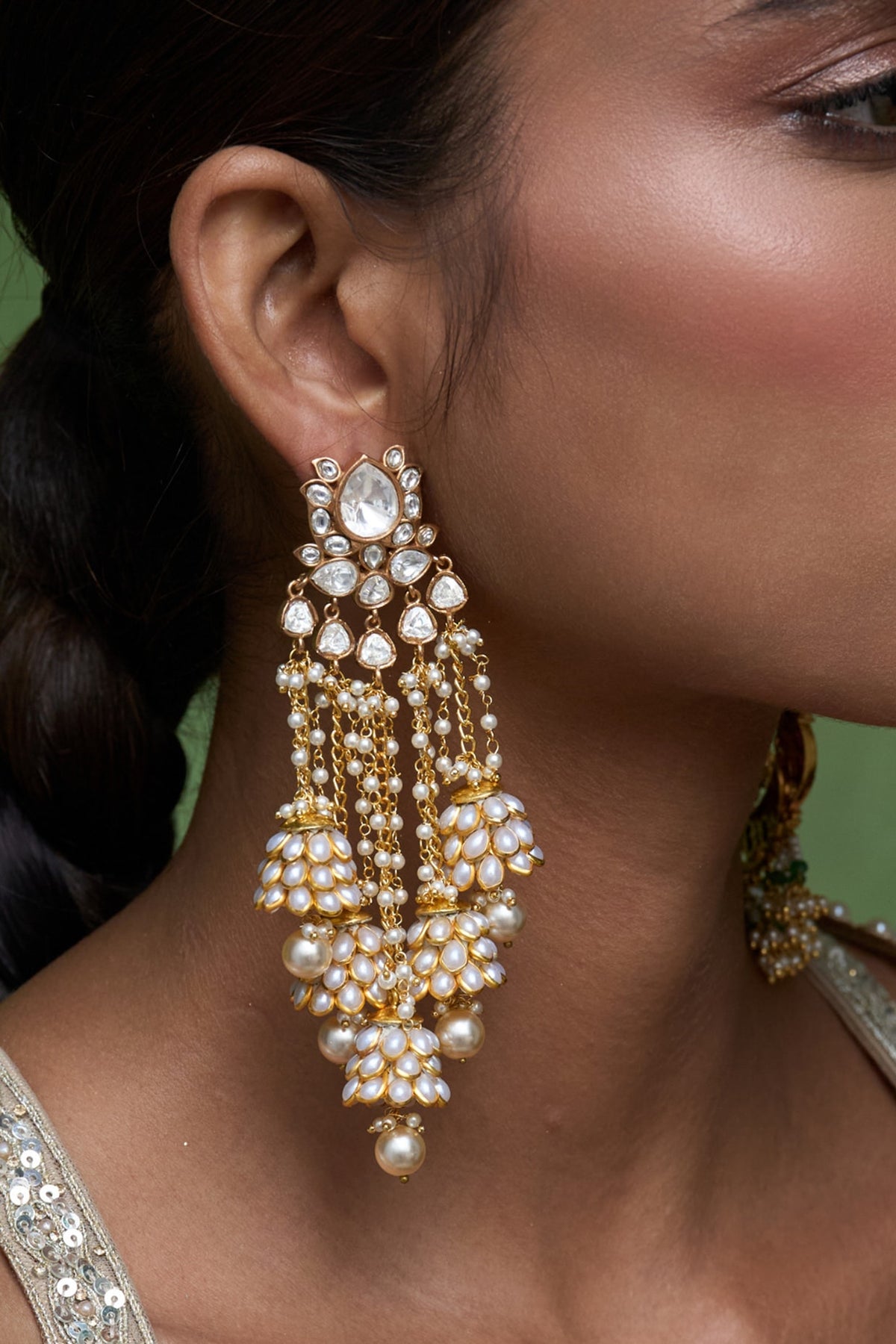 Gold Finish Kundan Polki & Pearl Statement Earrings