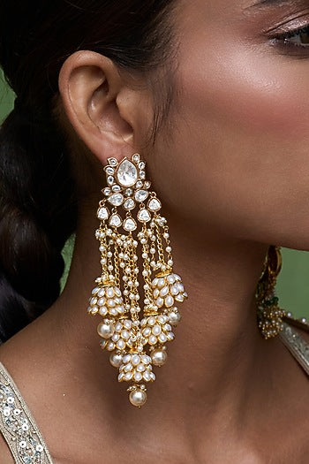 Gold Finish Kundan Polki & Pearl Statement Earrings