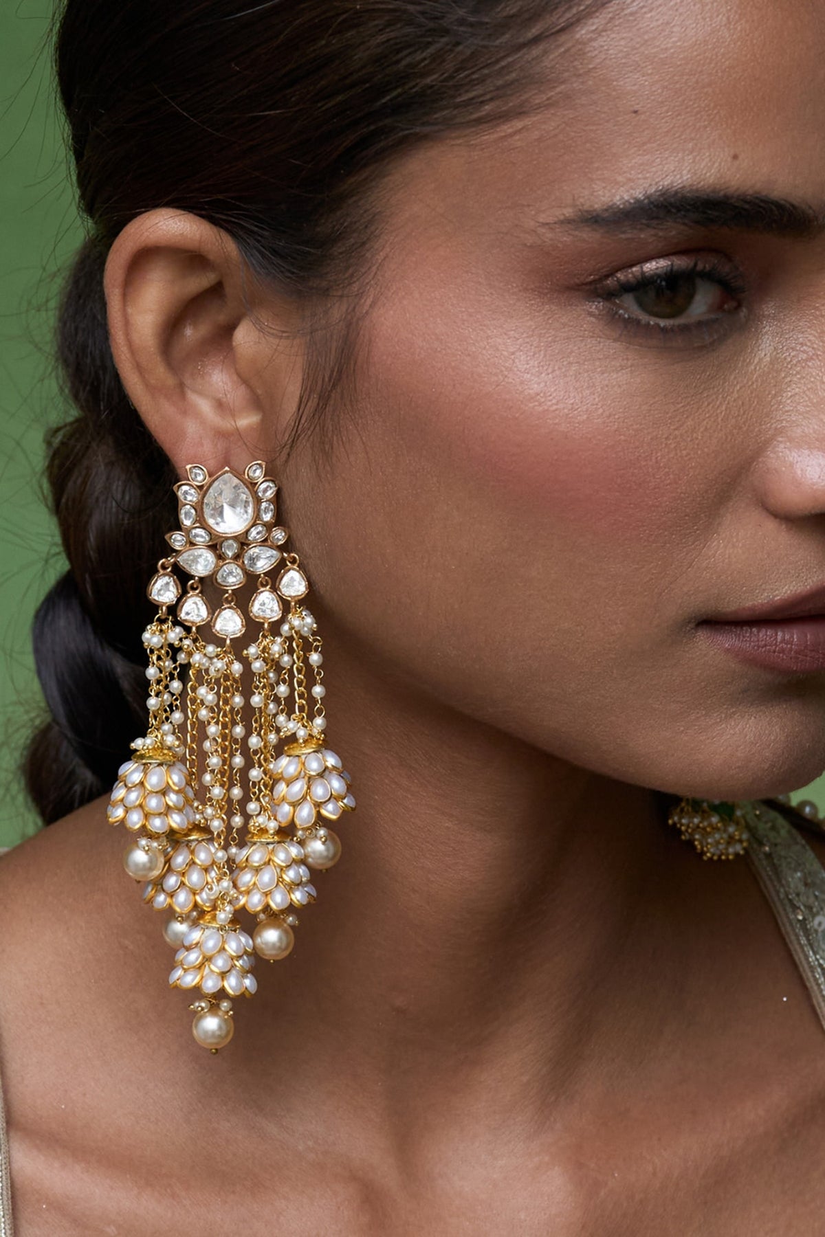 Gold Finish Kundan Polki & Pearl Statement Earrings
