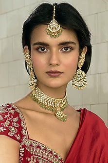 Gold Finish Kundan Polki & Green Onyx Chandbali Earrings