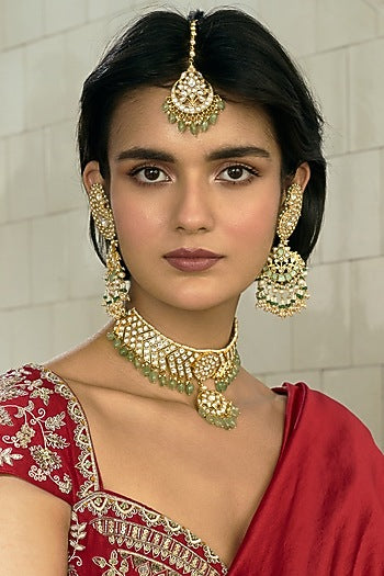 Gold Finish Kundan Polki & Green Onyx Chandbali Earrings