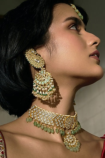 Gold Finish Kundan Polki & Green Onyx Chandbali Earrings