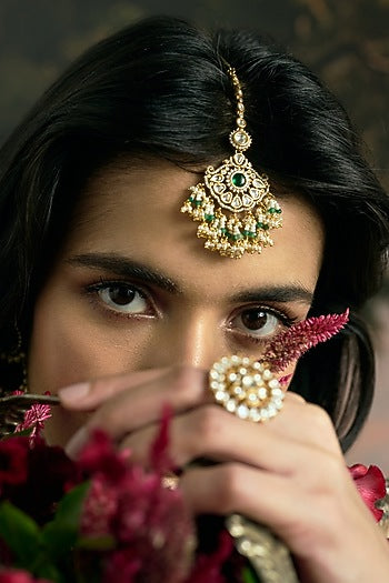 Gold Finish Kundan Polki & Green Onyx Maangtikka