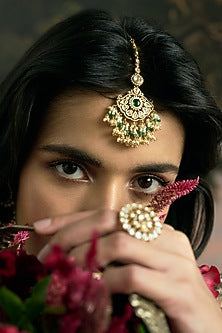Gold Finish Kundan Polki & Green Onyx Maangtikka