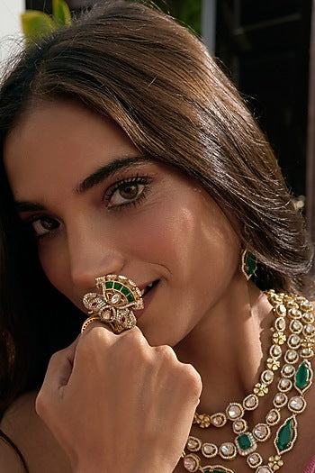 Gold Finish Kundan Polki Ring