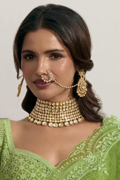 Gold Finish Kundan Polki Nose Ring