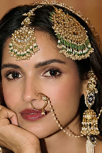 Gold Finish Kundan Polki & Pearl Nose Ring