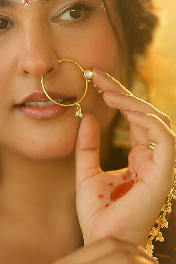 Gold Finish Kundan Polki & Pearl Nose Ring