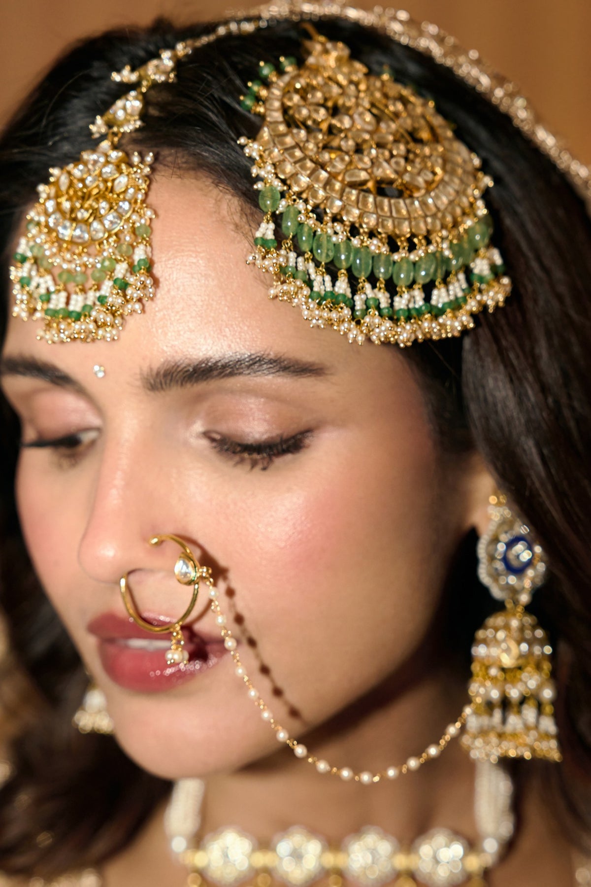 Gold Finish Kundan Polki & Pearl Nose Ring