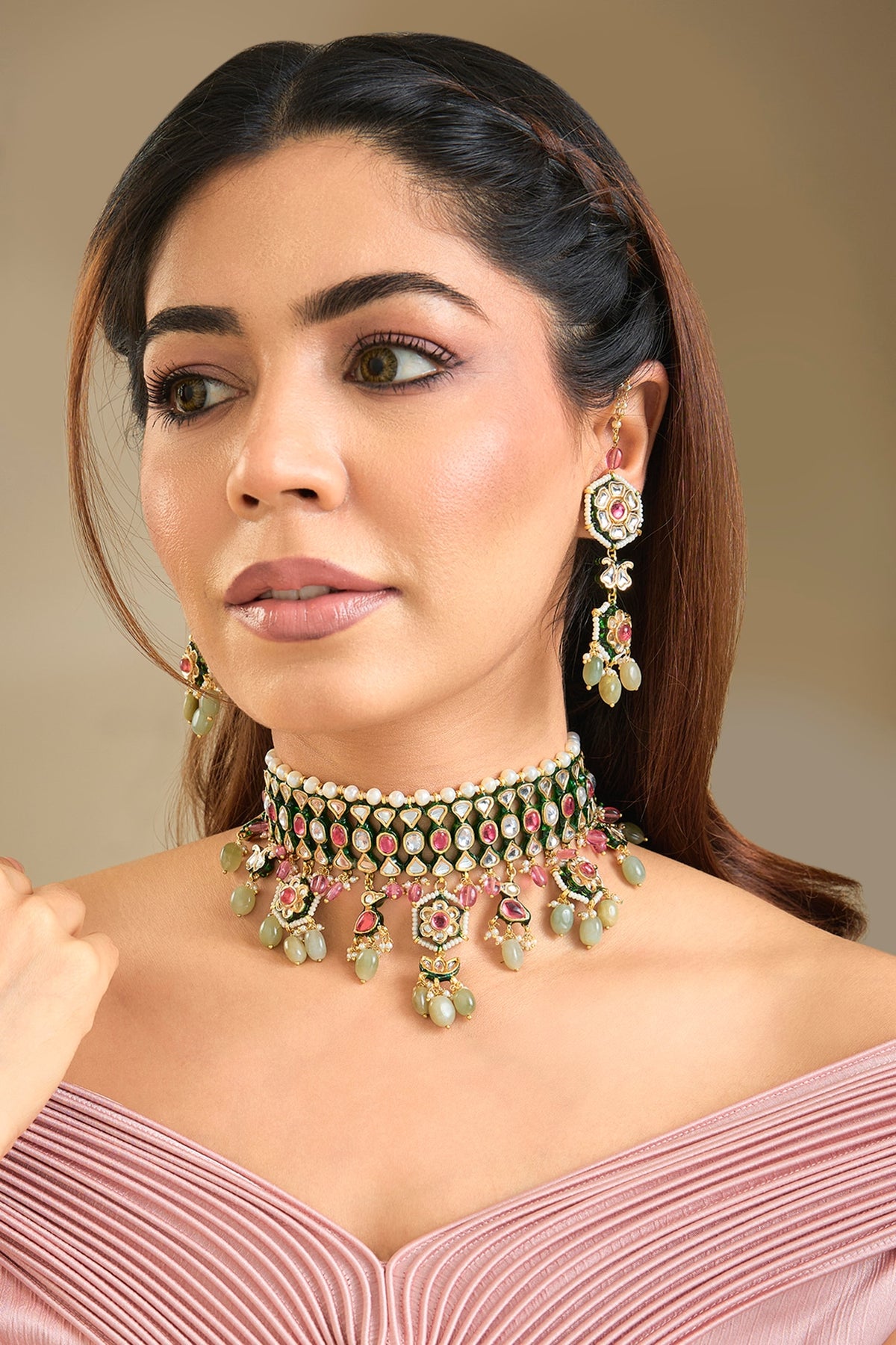 Gold Finish Multi-Colored Stone Choker Necklace Set