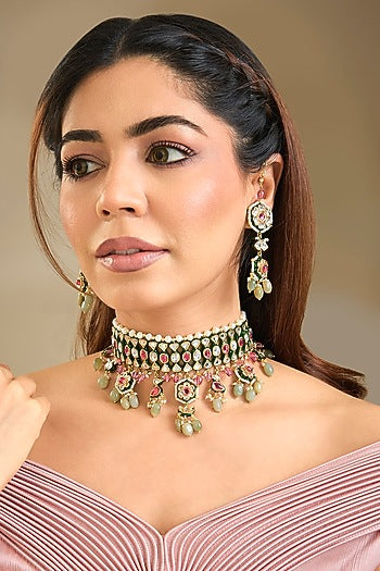 Gold Finish Multi-Colored Stone Choker Necklace Set