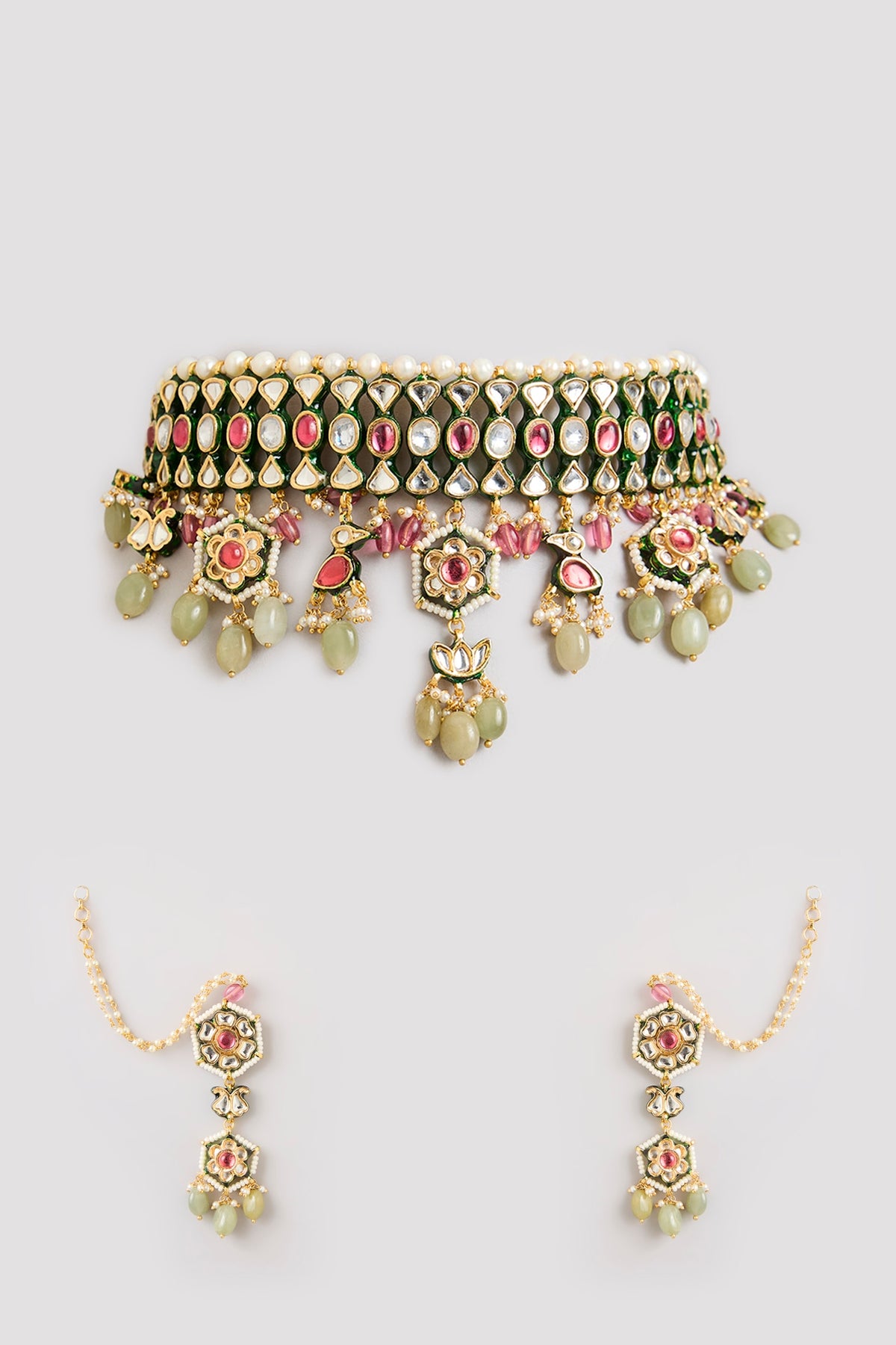 Gold Finish Multi-Colored Stone Choker Necklace Set