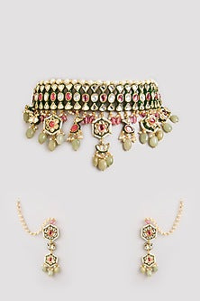 Gold Finish Multi-Colored Stone Choker Necklace Set