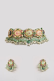 Gold Finish Emerald Stone Choker Necklace Set