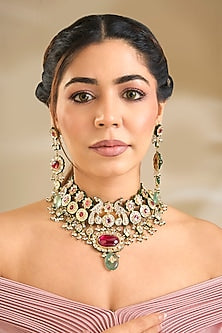 Gold Finish Multi-Colored Stone Necklace Set