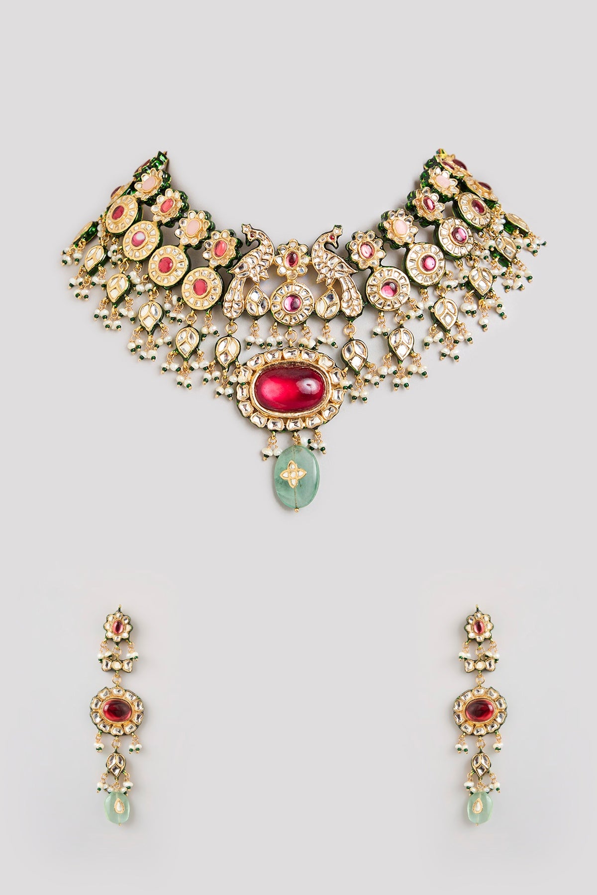 Gold Finish Multi-Colored Stone Necklace Set
