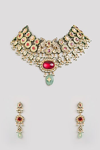 Gold Finish Multi-Colored Stone Necklace Set