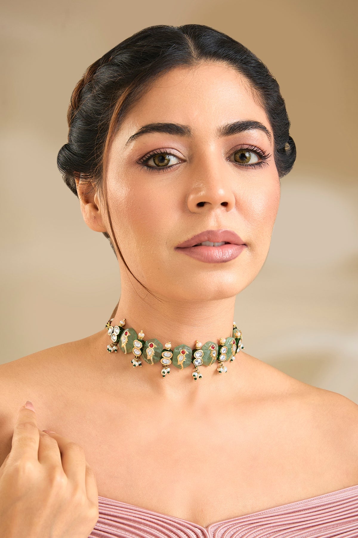 Gold Finish Emerald Stone Choker Necklace