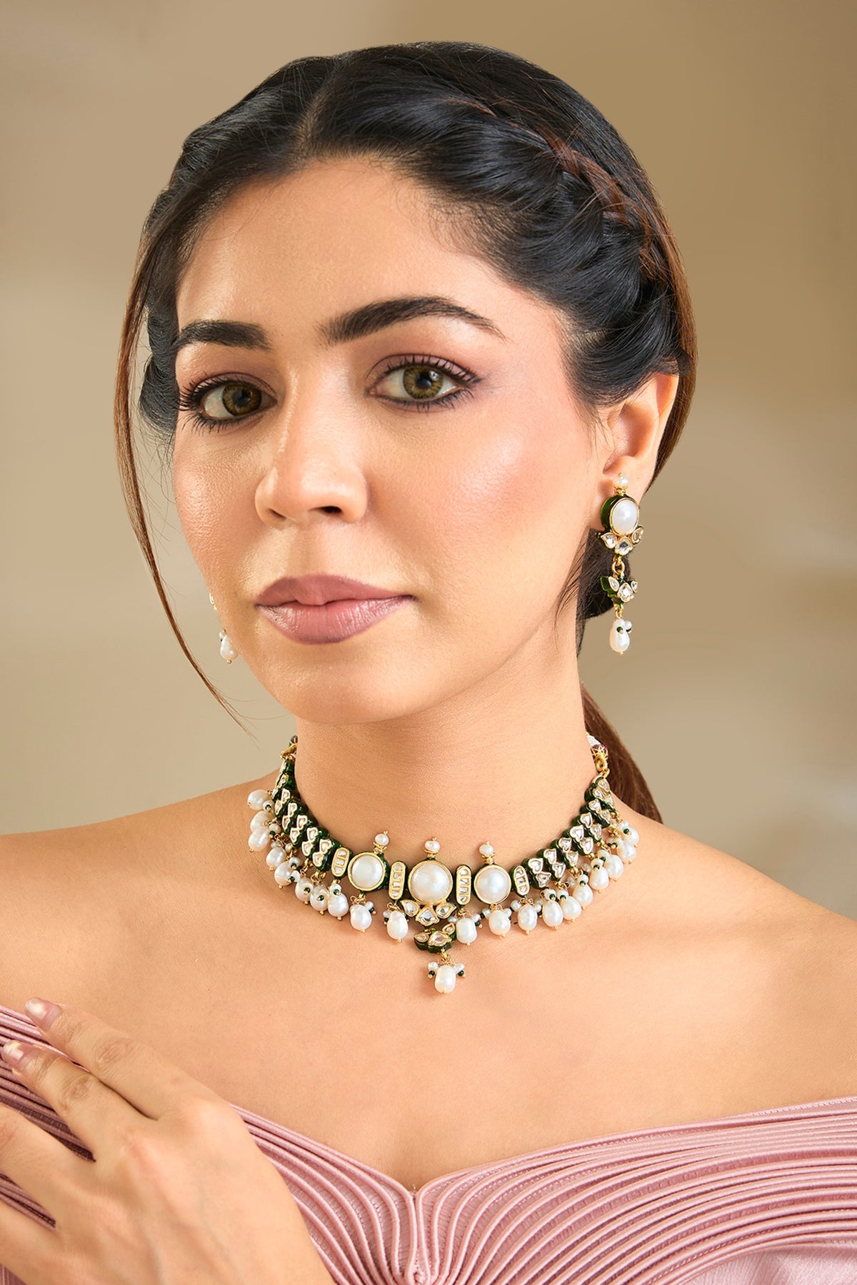 Gold Finish White Stone Necklace Set