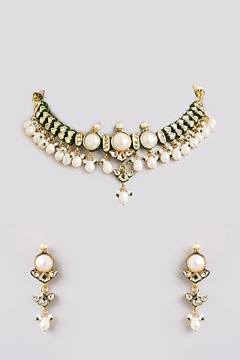 Gold Finish White Stone Necklace Set