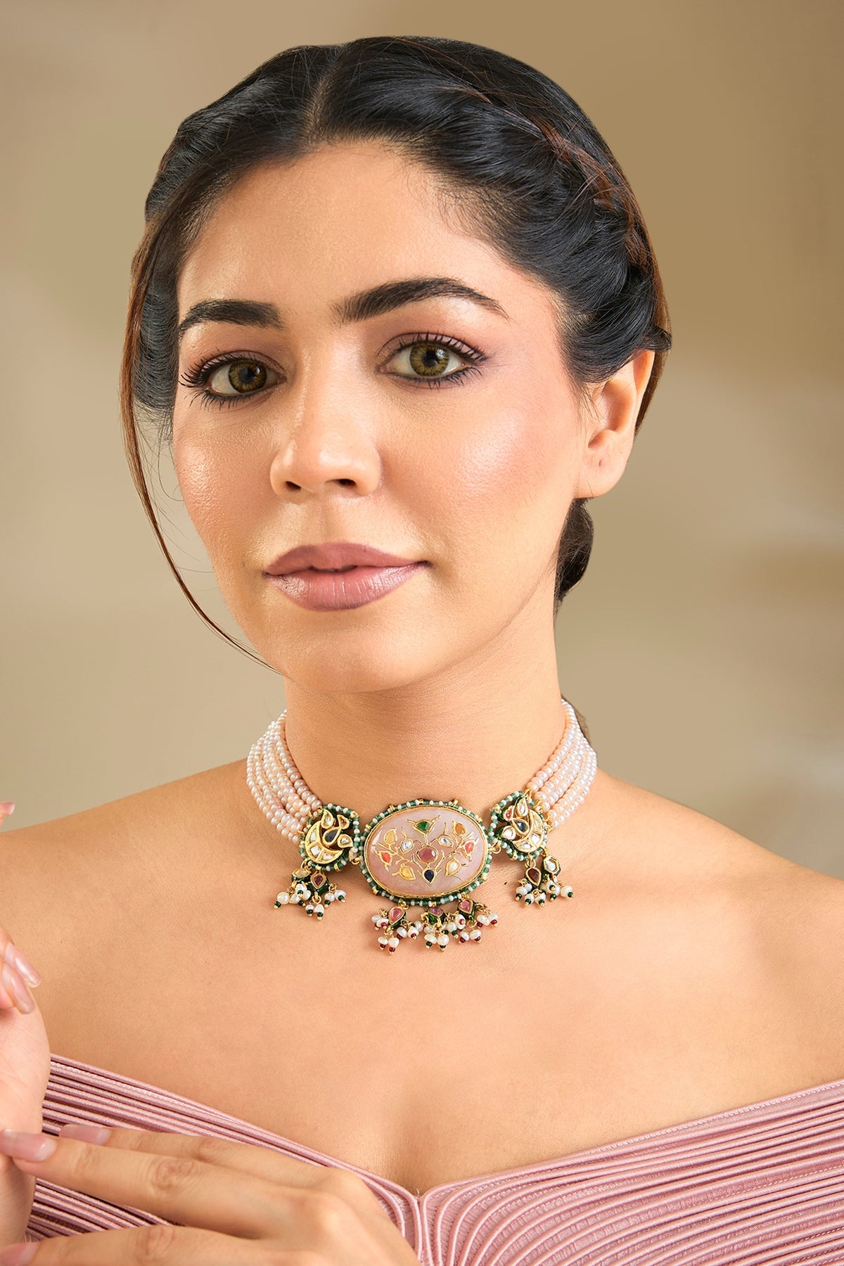 Gold Finish Emerald Stone & Beaded Choker Necklace