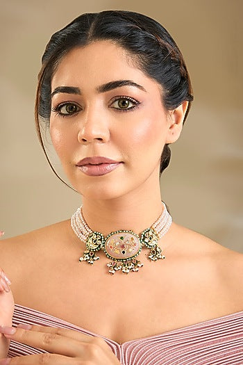 Gold Finish Emerald Stone & Beaded Choker Necklace