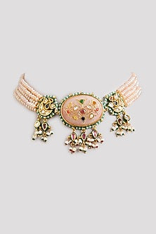 Gold Finish Emerald Stone & Beaded Choker Necklace