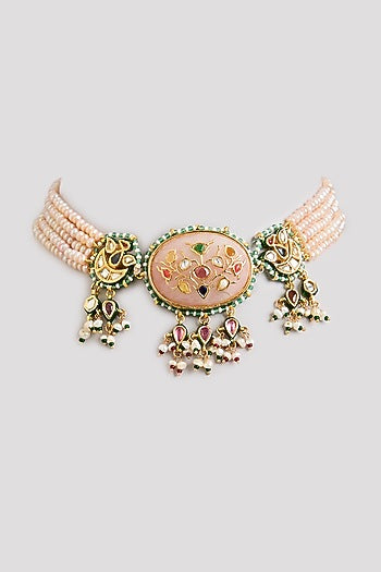 Gold Finish Emerald Stone & Beaded Choker Necklace