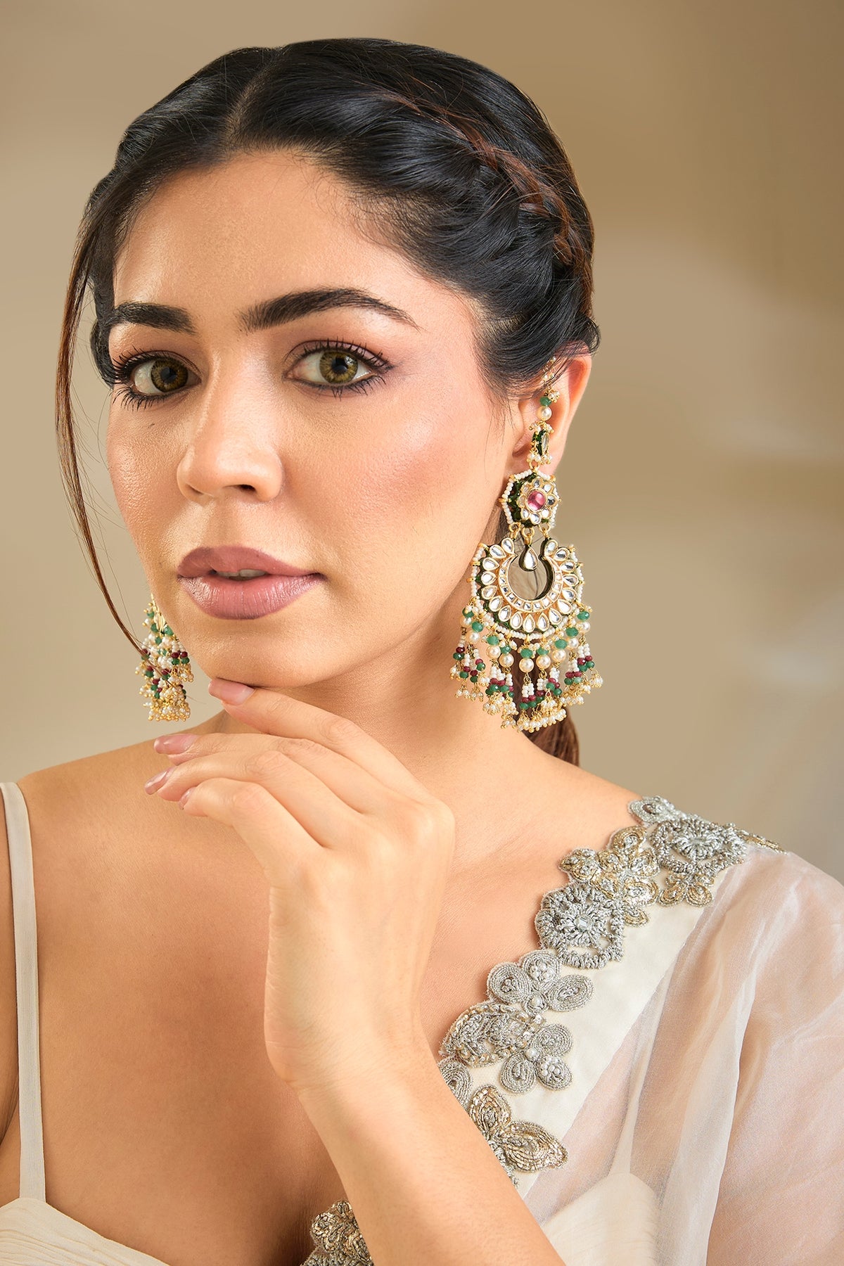 Gold Finish Emerald Stone Dangler Earrings