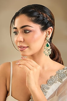 Gold Finish Kundan Polki & Green Stone Dangler Earrings