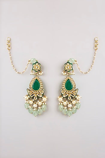 Gold Finish Kundan Polki & Green Stone Dangler Earrings