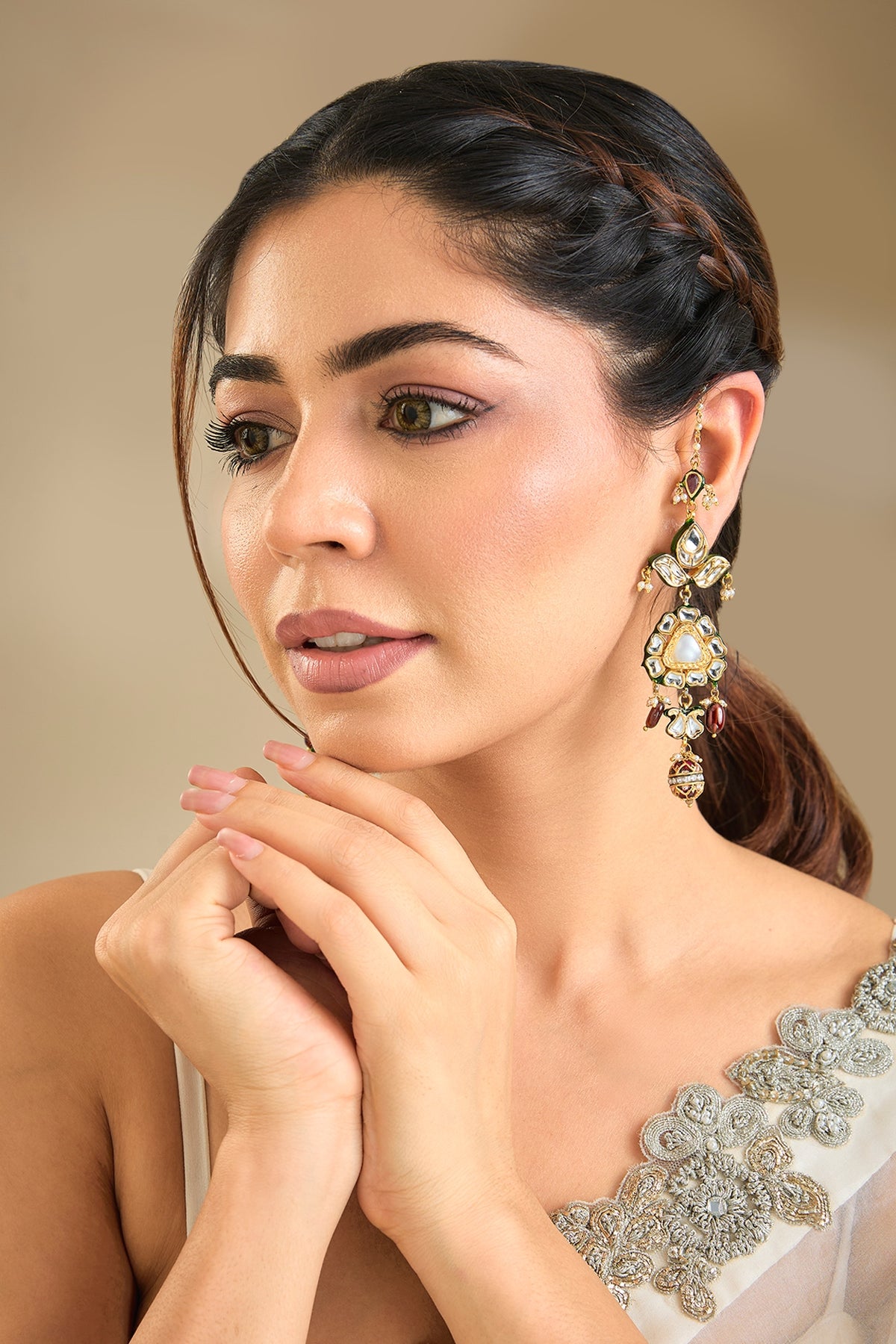 Gold Finish Kundan Polki & Pearl Dangler Earrings
