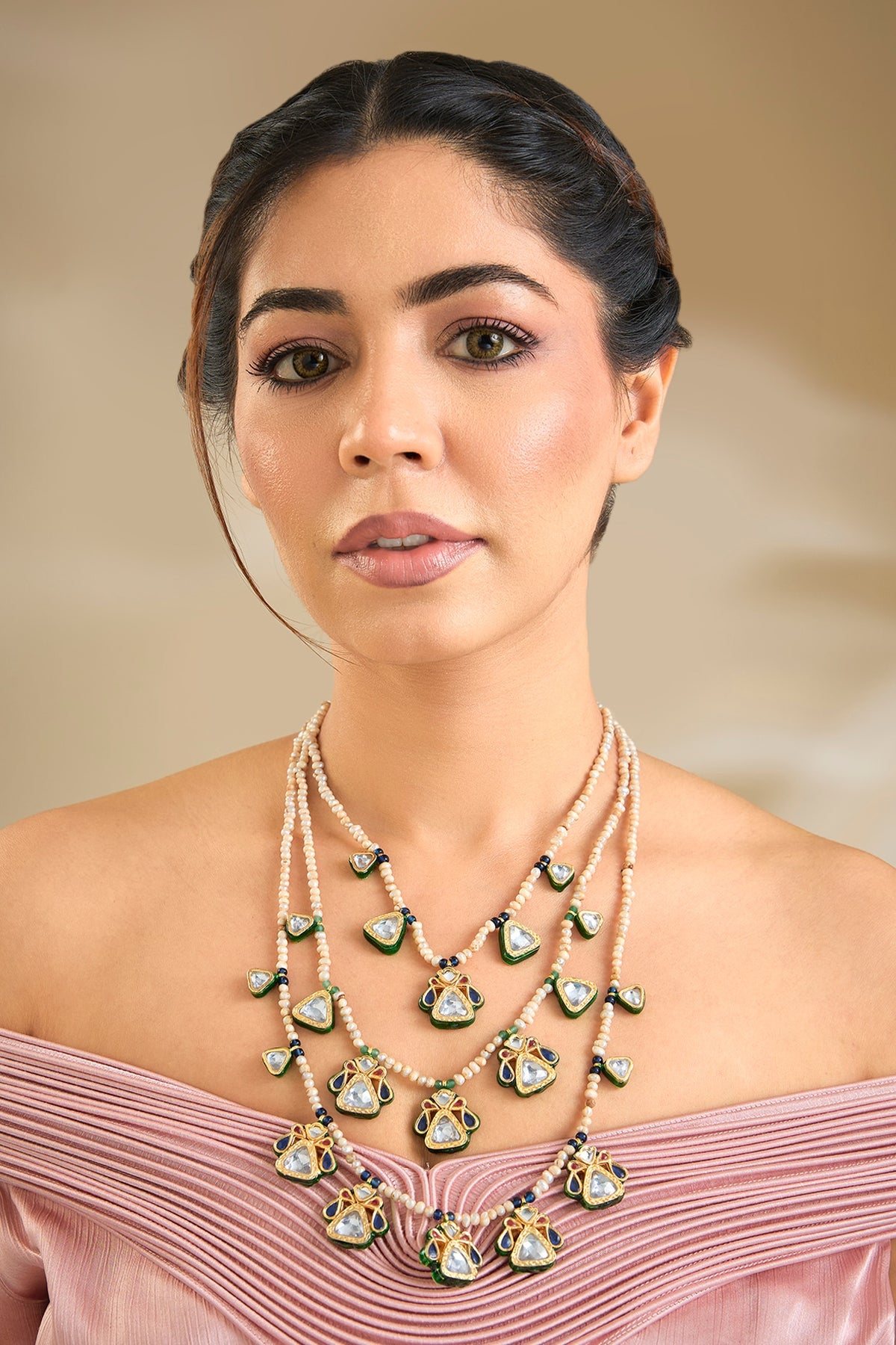 Gold Finish Kundan Polki & White Beaded Layered Necklace