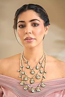 Gold Finish Kundan Polki & White Beaded Layered Necklace
