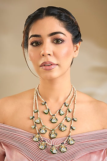 Gold Finish Kundan Polki & White Beaded Layered Necklace