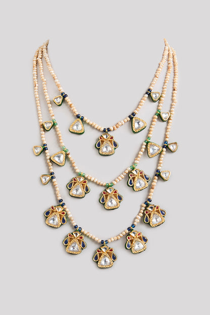 Gold Finish Kundan Polki & White Beaded Layered Necklace