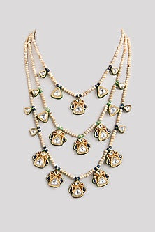 Gold Finish Kundan Polki & White Beaded Layered Necklace