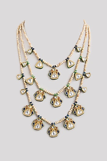Gold Finish Kundan Polki & White Beaded Layered Necklace
