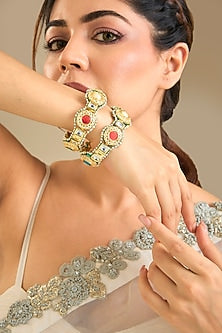 Gold Finish Kundan Polki & Multi-Colored Stone Bangles (Set Of 2)