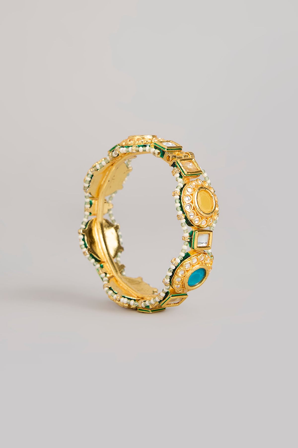 Gold Finish Kundan Polki & Multi-Colored Stone Bangles (Set Of 2)