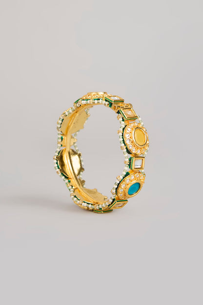 Gold Finish Kundan Polki & Multi-Colored Stone Bangles (Set Of 2)