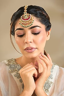 Gold Finish Kundan Polki & Green Beaded Maangtikka
