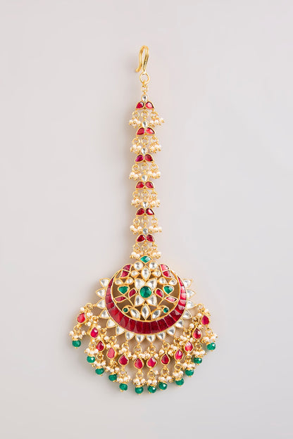 Gold Finish Kundan Polki & Green Beaded Maangtikka