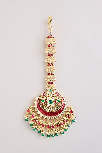 Gold Finish Kundan Polki & Green Beaded Maangtikka