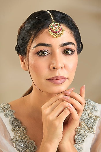 Gold Finish Kundan Polki & Multi-Colored Stone Maangtikka