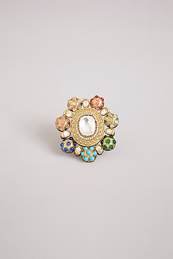 Gold Finish Kundan Polki Adjustable Ring