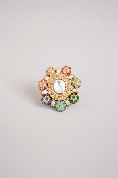 Gold Finish Kundan Polki Adjustable Ring