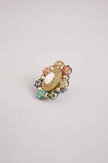 Gold Finish Kundan Polki Adjustable Ring