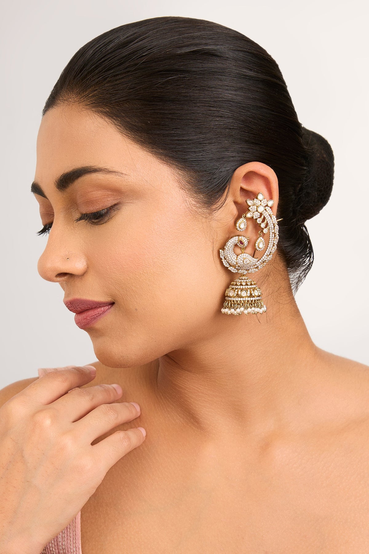 Gold Finish Kundan Polki & Seed Pearl Jhumka Earcuffs